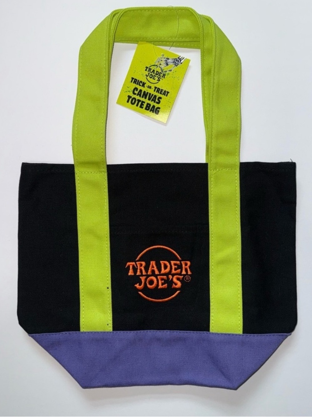 Trader Joe's Black Canvas Mini Tote Bag Halloween Collection Black Purple NWT